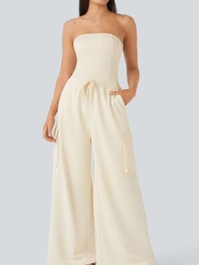 HALARA Cream Strapless Wide-Leg Jumpsuit with Cargo Pockets